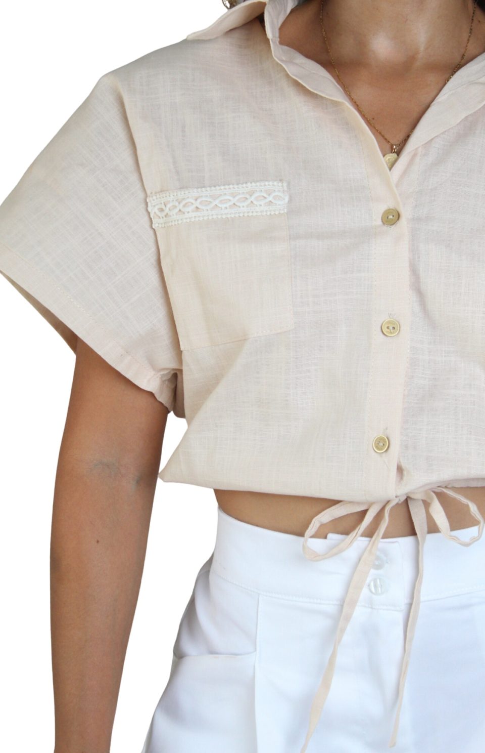 Blusa de Lino Beige con Detalles de Encaje