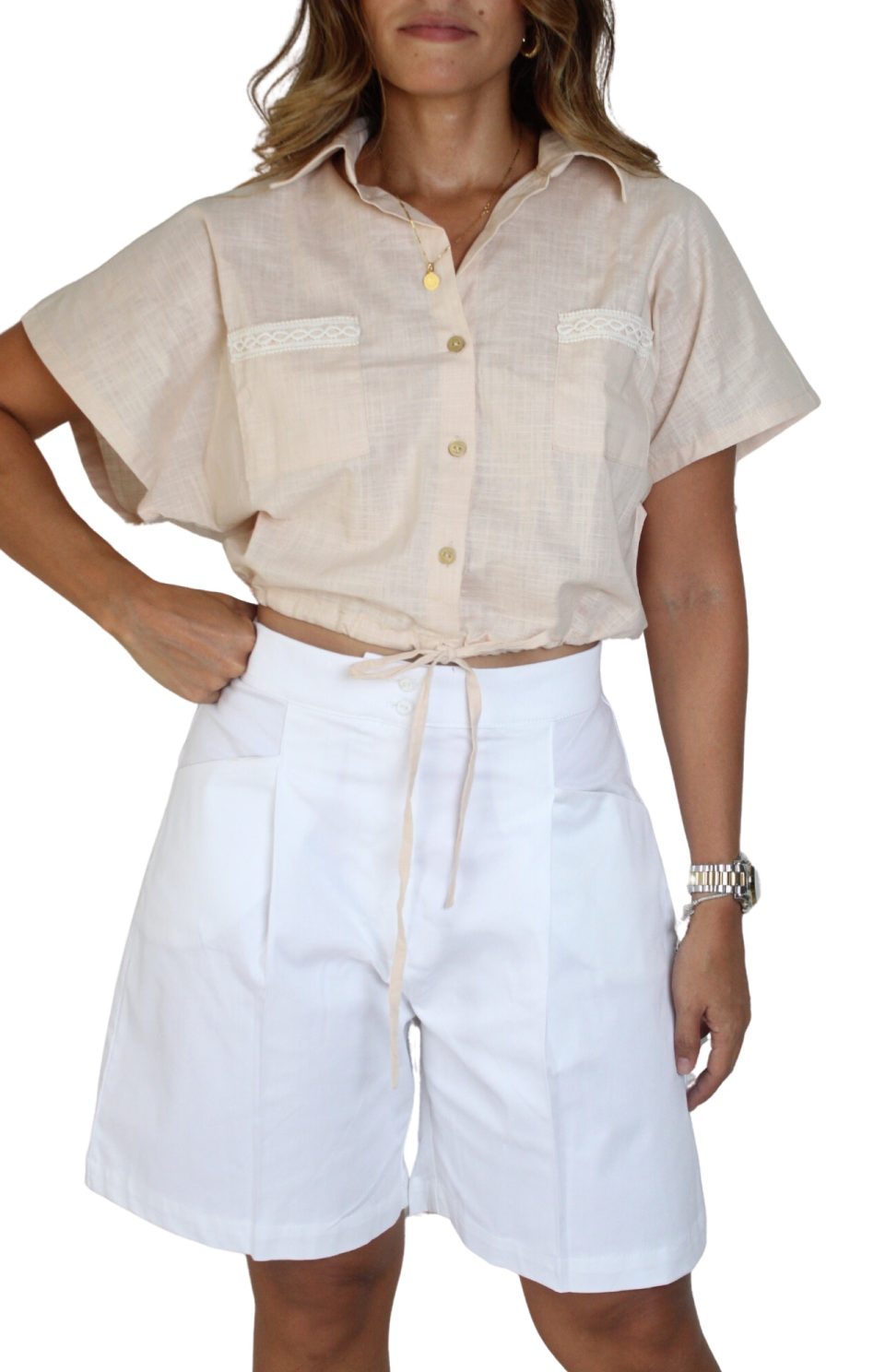 Blusa de Lino Beige con Detalles de Encaje
