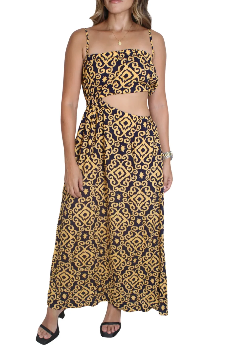 Vestido Largo con Abertura y Estampado Tribal