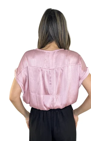 Blusa de seda azul y rosada espalda