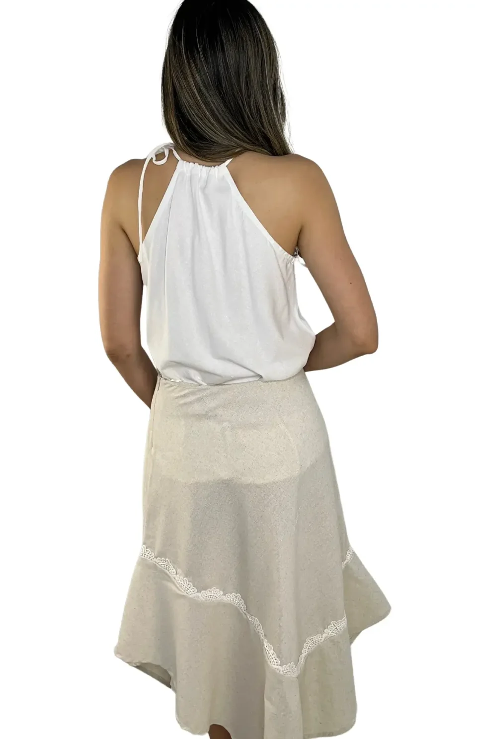 falda larga de moda beige espalda