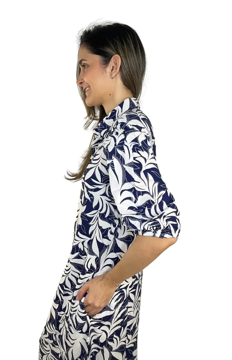 vestido camisero mujer azul estampado lado