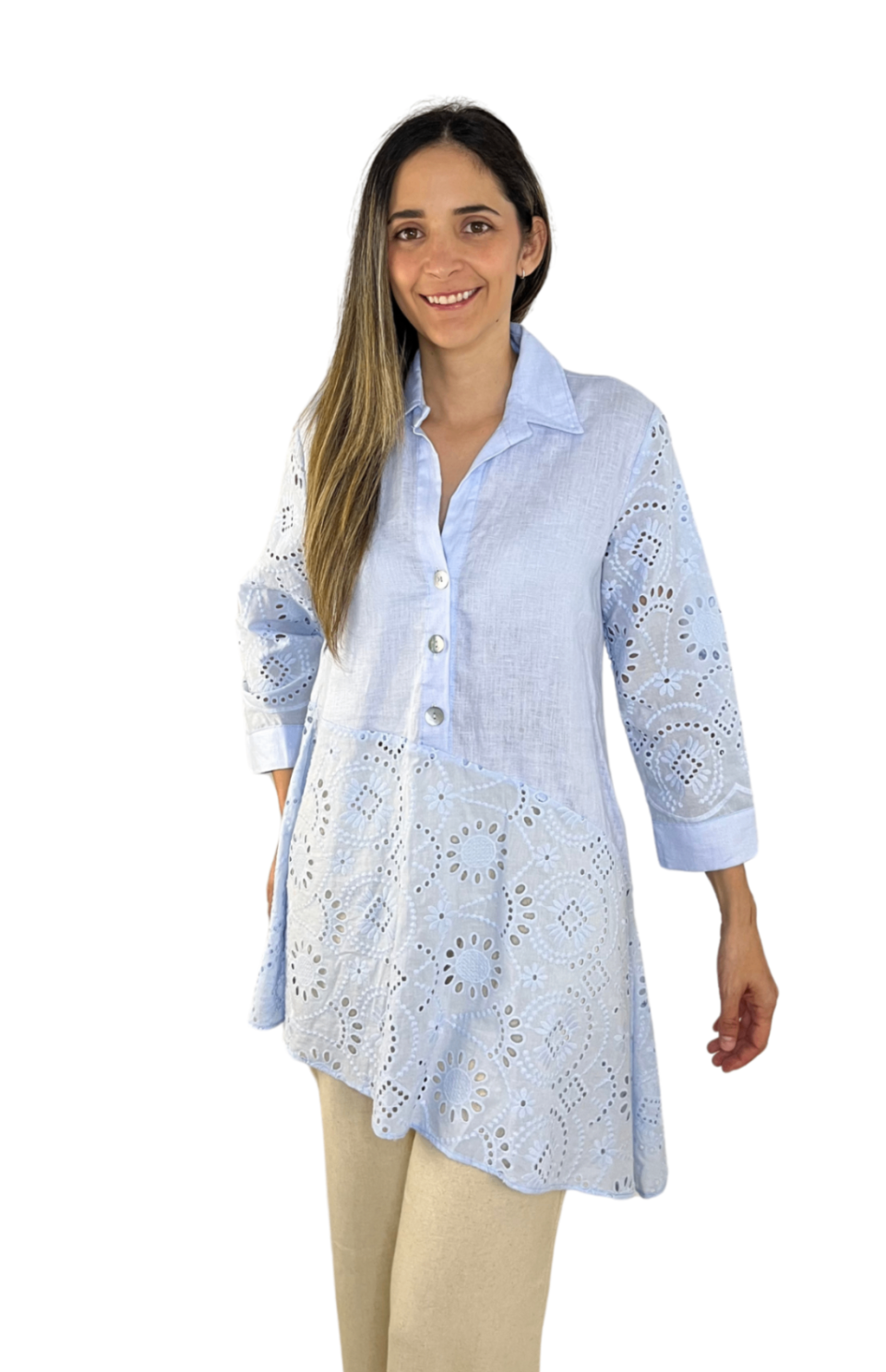 blusa en lino azul larga