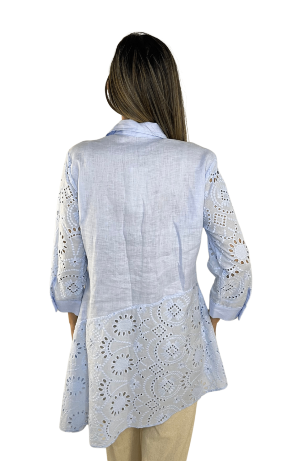 blusa en lino azul larga espalda